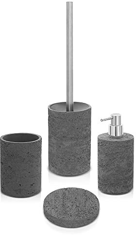 Inbagno Set Bagno Accessori Completo – 4 Pezzi, Kit Accessori appoggio Effetto Pietra Grigio, Include Dispenser, portaspazzolini, portasapone e scopino WC, (Set Completo)