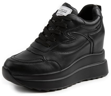 AONEGOLD Baskets Talon Compensées Femme Plateforme Chaussure de Sport Casual À Lacets Baskets Cuir Mode Chaussures Talon de 10 cm à L'intérieur Hausse(Noir 309,Taille 34)
