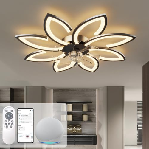 Smart Deckenventilator mit Licht 90 cm, Flüsterleiser DC-Motor & Alexa Sprachsteuerung (Bluetooth Mesh), Dimmbare LED Deckenleuchte, Sommer-/Wintermodus, Inkl. Fernbedienung, Blüten-Design, Schwarz