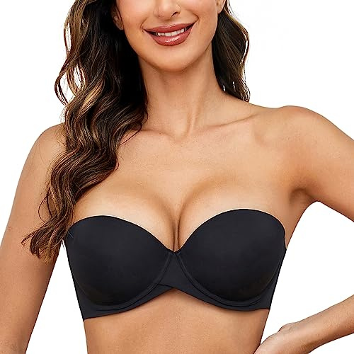 MELENECA Dam tung vadderad push-up med lyft multiway bygel axelbandslös BH svart 36D, Svart, 80D