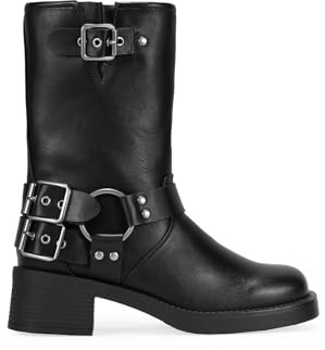 BOSANOVA Bottines de style motard fabriquées avec détail d'œillet métallique, boucles décoratives sur la tige et semelle plate avec talon léger de 4,7 cm. Fermeture éclair. Chaussures pour femme, Noir