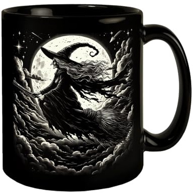 Hexe vor dem Vollmond Tasse schwarz in Schwarz Halloween KaffeeTasse schwarz Zauberin Besenflug Magie Mystische Hexerei Zauberei Motiv Broomstick Fliegende Hexe Tasse schwarz für