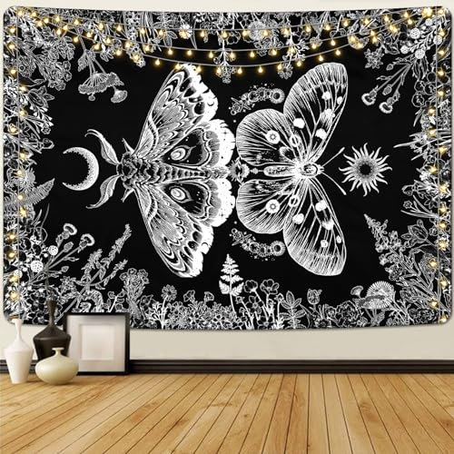 Alishomtll Schmetterling Sonne und Mond Schwarz und Weiß Wandteppich, Botanische Blume Schwarz Wandtuch, Schlafzimmer Schlafsaal Ästhetische Dekorative Wandbehang, Schwarz 210x150cm
