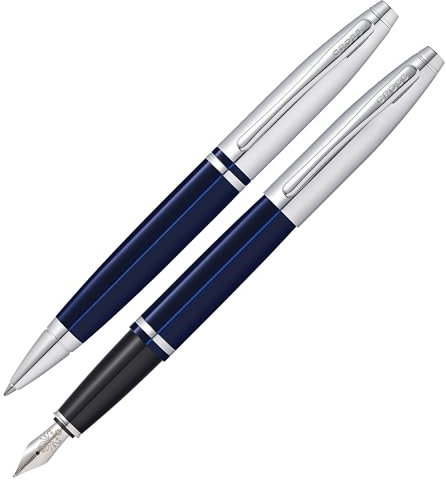 Cross Calais Kugelschreiber und Füllfederhalter Geschenkset (Strich- bzw. Federstärke M, Schreibfarbe schwarz) Blau Lack Chrom