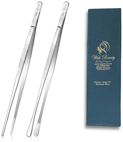 2 Pcs Cooking Tweezers Tongs Precision Serrated Tips, Stainless Steel Professional Chef Tweezer Kitchen Tools for BBQ, Plating and Serving (Silver, 10-inch)