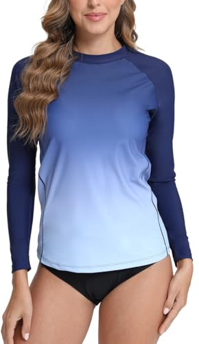 SURFEASY Damen Rash Guard Langarm Sonnenschutz Schnelltrocknend Badeshirt Surf Shirt Schwimmen Bademode(Navy Farbverlauf,L)