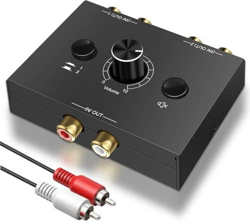 BYZESTY Stereo Audio Switch 2(1)-In-1(2)-Out, Analog Stereo Bidirektionaler Umschalter mit Volume Control, R/L Stereo Audio Schalter Splitter Box für DVD Stereo PC Lautsprecher CD Player Phono Amp