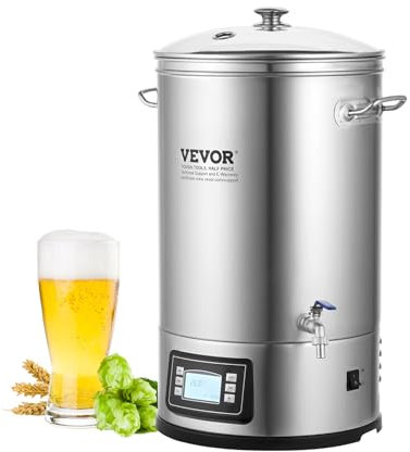 VEVOR Edelstahl Bierbrauanlage Wasserkocher 35 L, Wasserkocher zum Brauen, Heimbrauzubehör für Bier, Bierbraugerät Set inkl. Glasdeckel, Griff, Zapfhahn, Elektronische Bedienblende Gewerblich