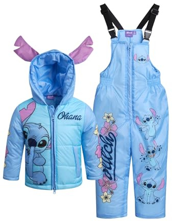 Disney Girls Snowsuit Set - Minnie Mouse Lilo and Stitch 2 Piece Puffer Ski Jacket and Snow Bibs For Toddlers & Little Girls, Size 5-6, Stitch Blue