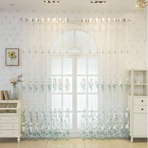 Gardine Querbehang Oben Makramee Deko Grün Weiß Voile 2er Pack mit Häkelblume H244 x B132 cm (2er Pack) Polyester