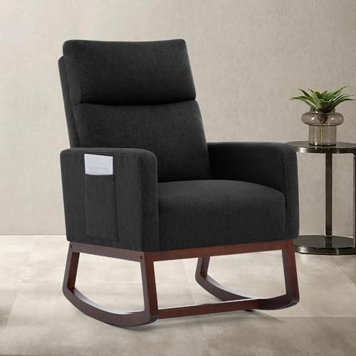 Aunekiv Nursing Rocking Chair, High Back faux Linen Nursery Rocking Chair for Adults, Nursery Armchair with Side Pockets and Wood Base for Living Room Bedroom, Black