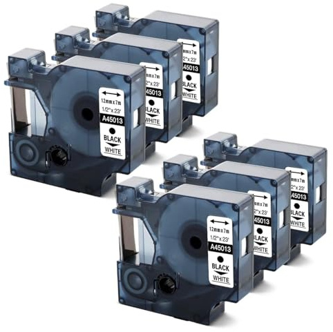 6x Anycolor Etikettenband Kompatibel mit DYMO D1 45013 S0720530 Weiß | 12mm x 7m für DYMO LabelManager 160 210D 280 360D 420P, Schwarz auf Weiß