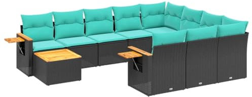 vidaXL Garten Sofa Garnitur 11-TLG., Gartenmöbel Set mit Kissen, Sitzgruppe für Garten Terrasse, Modular Gartensofa Lounge Tisch, Schwarz Poly Rattan