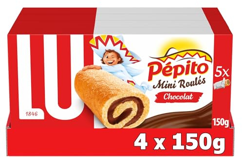 LU PEPITO - 4 Boîtes de 5 Sachets de Pépito Mini Roulés au Chocolat - Gâteaux Moelleux et Chocolat - Pack Familial Format à Emporter - Idéal pour le Goûter - Fabriqué en France - Lot de 4x150g