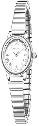 VAVC Small Silver Watches for Women,Analog Womens Watch with Stainless Steel Expansion Band,Oval Case Roman Dial,Water Resistant（5.91in-6.7in）