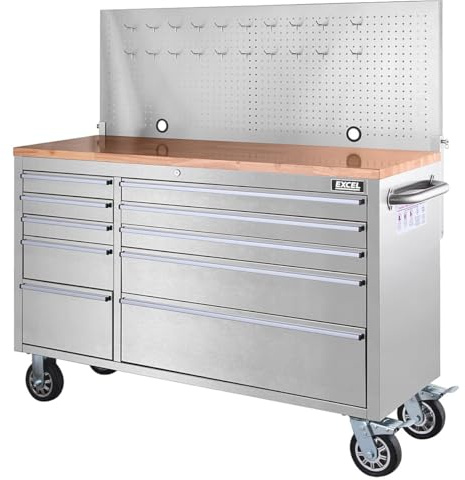 Excel 55 Stainless Steel Roller Tool Cabinet & Workbench with 10 Drawers, Pegboard Storage, Heavy Duty Rolling Garage Tool Chest Organizer