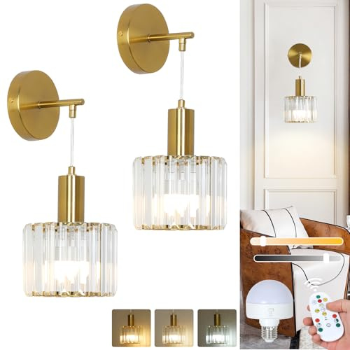 Stepeak Battery Operated Wall Lights Set of 2, Wireless Wall Lights Battery Operated with USB Bulb & Remote, Glass Rechargeable Wall Light Indoor, Gold Rechargeable Wall Sconces for Bedroom, Bathroom