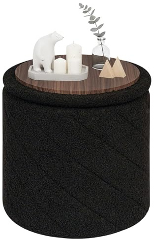 PINPLUS Pouf de Rangement Pliable Rond, Teddy Bouclé Tabouret, Amovible Couvercle, Table Basse et Repose-Pieds pour Salon, Chambre, Ø 33 x 35 cm, Noir
