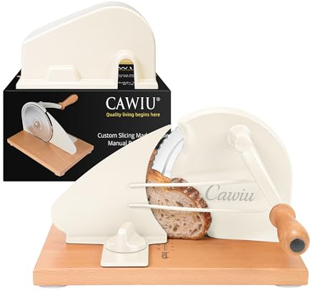 CAWIU Upgraded Manual Bread Slicer for Homemade Sourdough Bread - Adjustable Thickness Bread Cutter with Hand Crank, Suction Cups, Slicing Guide, Scale Line & Cover, for Perfect Even Slices (Cream)