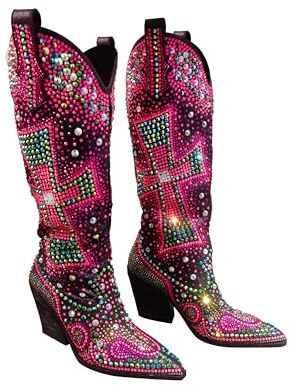 Krylinette Women's Fashion Rhinestone Cross Western Knee-High Cowboy Boots - Faux Leather, 9CM Chunky Heel, Pointed Toe,Multi Black,US 10