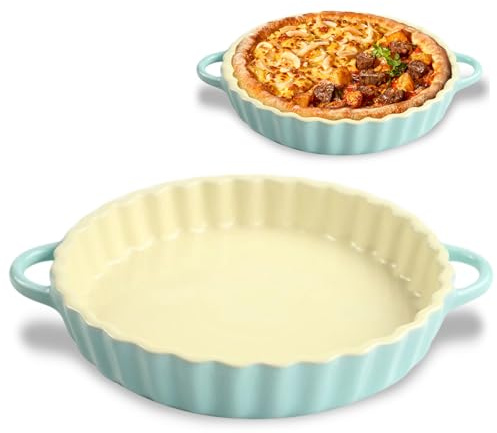 LUPATDY Plat Four en Céramique, 25,5 x 4 cm, Plat a Tarte Rond avec Poignées, pour Tartes, Quiches, Pizzas, Plats à Gratin pour Friteuse à Air Chaud, Four, Fours Micro-ondes, Bleu Clair