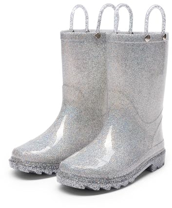 DREAM PAIRS Regnstövlar för barn, glitter för pojkar och flickor med enkla handtag glittrande vattentäta stövlar för utomhusbruk, lekande regnstövlar unisex-barn