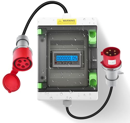 Mobiler Stromzähler 3 Phasen, 32A 380V Mobiler Digitaler Digitalzähler mit CEE Stecker und Kupplung, Digitaler Zwischenzähler mit Reset, IP65 Wasserdichtem Gehäuse