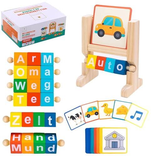 Talyona Lernspiel Holz – Buchstaben Lernen & Lesen Lernen Vorschule – Lernspiele ab 3+ Jahren für Kinder, Buchstaben Spiel mit Wörtern aus Holz
