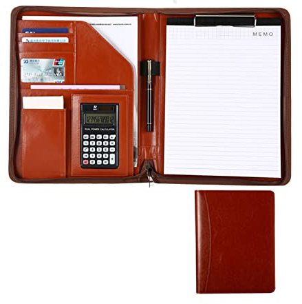 Abnehmbarer Ringbinder und Notepad, Portfolio-Binder A4 PU-Leder Reißverschluss Padfolio Organizer Schreibblock Stifthalter Visitenkartenhalter Braun Schwarz(Brown)
