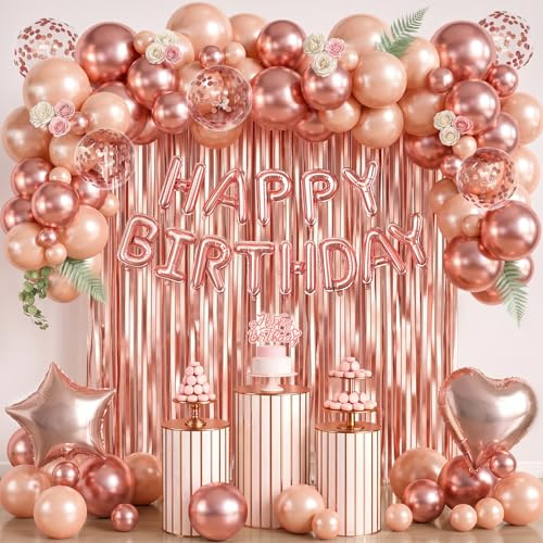 Decorazioni Compleanno Kit Compleanno Oro Rosa Cuore Include Decorazione Torta Tende Metalliche Palloncini Coriandoli, Set Palloncini Per Donna Bambina Allestimento Compleanno