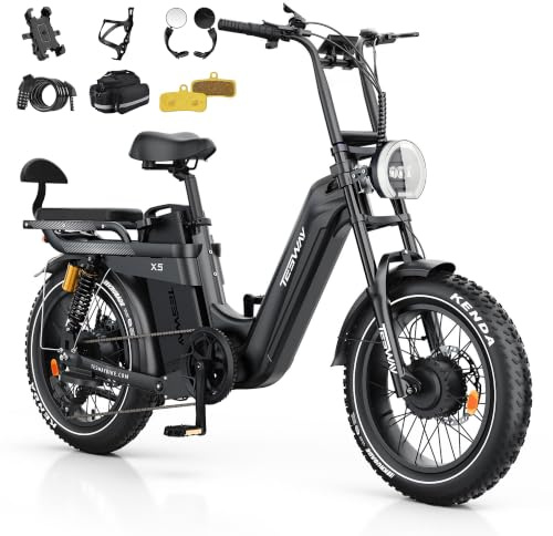 TESWAY Electric Bike for Adults,52V 60AH Long Range Ebike,Dual Motor 20 Full Suspension Fat Tire E-bike, Dual Hydraulic Brake, 7-Speed Colorful LCD Display Electric Bike