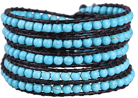 KELITCH Charme Armbänder Personalisiert Zum Frau Männer Glas Perlen Überzogen Strang 5 Wickeln Leder Armband - Blau 2A