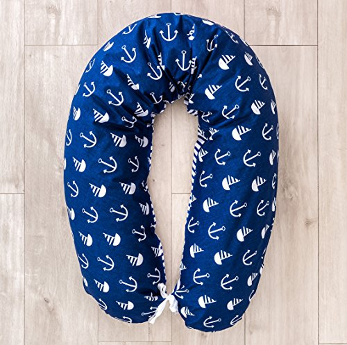 LOOLAY® Bezug für Stillkissen XXL Baby Lagerungskissen Seitenschläferkissen 170cm Muster: Anker Marineblau/Streifenmuster Marineblau