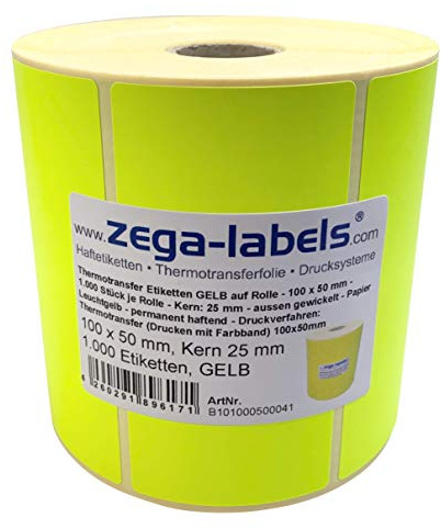 Thermotransfer Etiketten GELB auf Rolle - 100 x 50 mm - 1.000 Stück je Rolle - Kern: 25 mm - Papier Leuchtgelb - permanent haftend - Druckverfahren: Thermotransfer (Drucken mit Farbband)