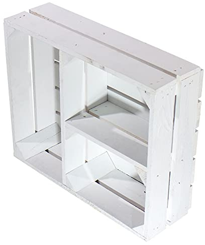 Moooble 2 flache weiße Obstkisten mit T-Trenner 50cm x 40cm x 16cm Ablageregal weiss Fächer Regalsystem Apfelkiste Holzkiste Weinkiste massiv Vintagestyle Gartenmöbel klassisch