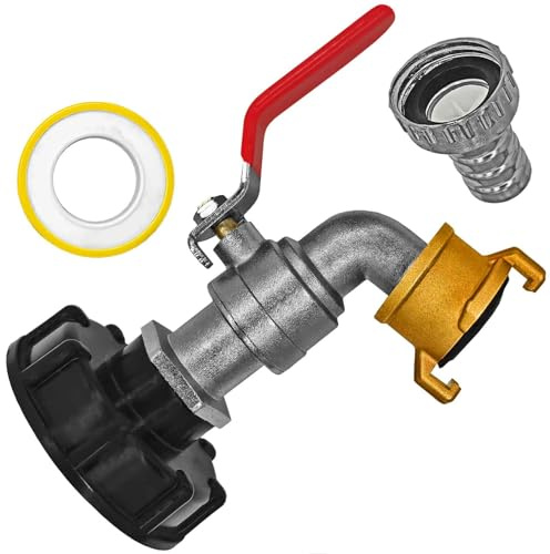 MegaHaustechnik IBC Tank S60x6 Zubehör Anschluß Adapter mit Volldurchlass-Auslaufhahn, Messing Schnellkupplung für GEKA, Container GrobgewindeØ 60 x 6mm Gewindesteigung Schraub Anschluß Kappe Deckel