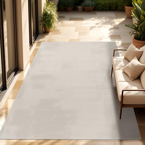 Paco Home Outdoor Teppich, Wetterfest Pflegeleicht Küchenteppich Ideal für Terrasse Balkon Garten, Flachgewebe Sisaloptik Modern Einfarbig meliert, 150x150 cm Quadratisch, Elfenbein