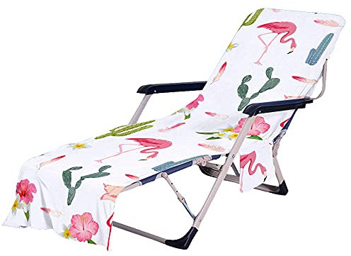 FANSU Schonbezug für Gartenliege Frottee Liegenauflage Garten Sonnenliege Handtuch mit 2 Taschen Stuhl Strandtuch für Schwimmbäder, Strände, Gartenhotels (Flamingo 4,75x210cm)