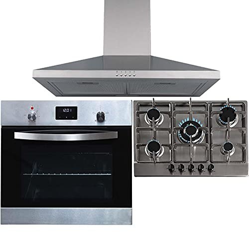 SIA SO114SS 60cm Stainless Steel Digital Electric Single True Fan Oven, SSG701SS 5 Burner Gas Hob with Cast Iron Pan Stands & CHL70SS Cooker Hood