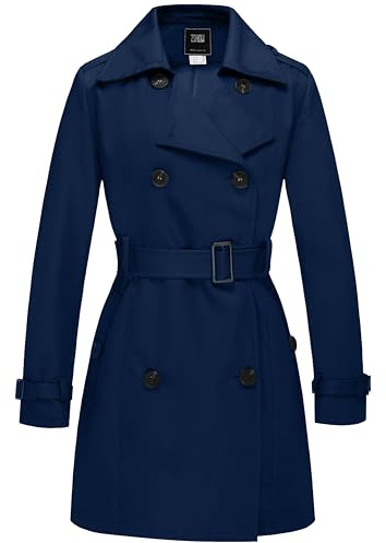 Wantdo Trench Media Lunghezza Giacca Tempo Libero Outdoor Giubbotto in Poliestere Sottile Cappotto con Bottoni Antivento Donna Blu Scuro 48