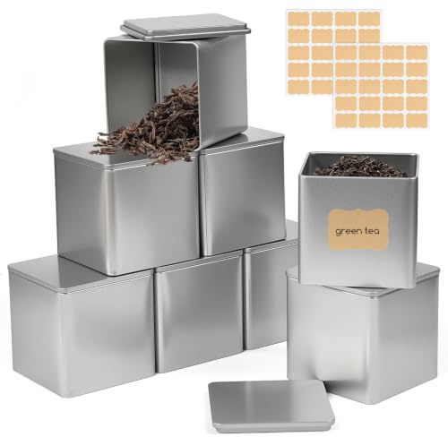 HUASD Lot de 8 boîtes à thé carrées classiques en métal - Petites boîtes carrées pour thé en vrac, café, épices - 50 g - Boîtes à thé hermétiques avec couvercle et 40 colles - Empilables - 8,5 x 8,5