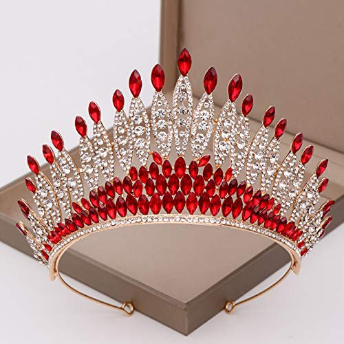 Diadem Hochzeit Krone Tiara,Strass Prinzessin Krone Königin Braut Strass Haarreifen Kristallkrone Brautschmuck Kristall Diadem für Hochzeit Festzüge Party Geburtstag für Frauen Mädchen,Rot