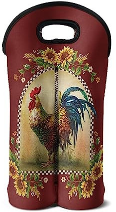 HUIACONG Sunflower Rooster Wine Bottle Tote 2 Bottles Hand‑Held Neoprene Wine Bottle Bag Hand Bag Insulated Stain Resistant Wine Cooler Bag for Beer Champagne Water Drinks