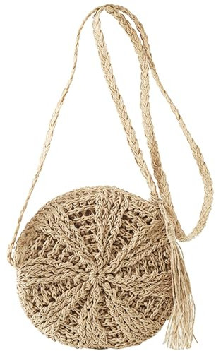 MEMOFYND 1 stück runde Strohtasche, böhmische Umhängetasche, geflochtene Messenger-Tasche, einfache Strandtasche, Quasten-Handtasche, geeignet für Reisen und Urlaub (Beige)