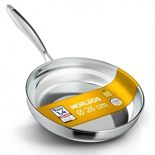 Morleos Stainless Steel Frying Pan 18/10 Diameter 26 cm | 5 Layers - 3 mm - 1.1 kg | Oven Safe up to 400 °C | Stainless Steel Frying Pan for Induction and Dishwasher Safe