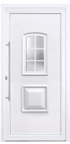Haustür Komplettset aus PVC mit Stahlverstärkung, Wärmeschutzglas, 5-fach Verriegelung & 900 mm Edelstahl-Griffstange - Farbe: Weiß - DIN rechts - Modell: Basilika - 2000 x 880 cm