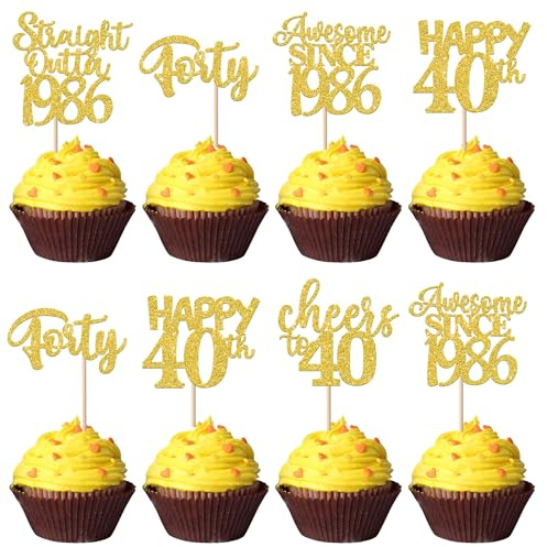 SYKYCTCY 30 Pack Happy 40th Birthday Cupcake Toppers Glitter Straight Outta 1986 Forty Awesome Since 1985 Cupcake Picks 40 Fabulous Cake Decorations for 40th Birthday Wedding Anniversary Gold