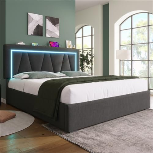 Tcewhhy Polsterbett Mit USB Typ C Ladefunktion Und LED-Beleuchtung Doppelbett King Size Bettkasten Stauraumbetten Bettgestell Aus Leinenmaterial Jugendbett Gästebett Grau 160x200 cm