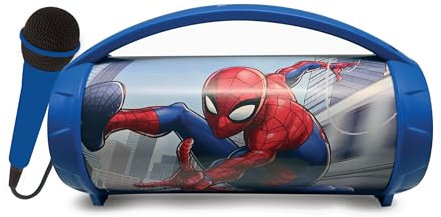 Lexibook, Spider-Man, Enceinte Haut-Parleur sans Fil Lumineuse avec Micro, Son stéréo, Fonction karaoké, Ports USB et Carte SD, Batterie Rechargeable, Poignée de Transport, Bleu, BTP585SPZ