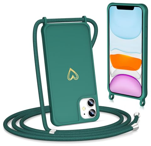 Noyabox für iPhone 12 Mini Handyhülle mit Band, Goldenem Herz Silikon zum Umhängen Handykette mit Abnehmbarer Kordel Halskettenhülle Stoßfest mit Kameraschutz, Grün